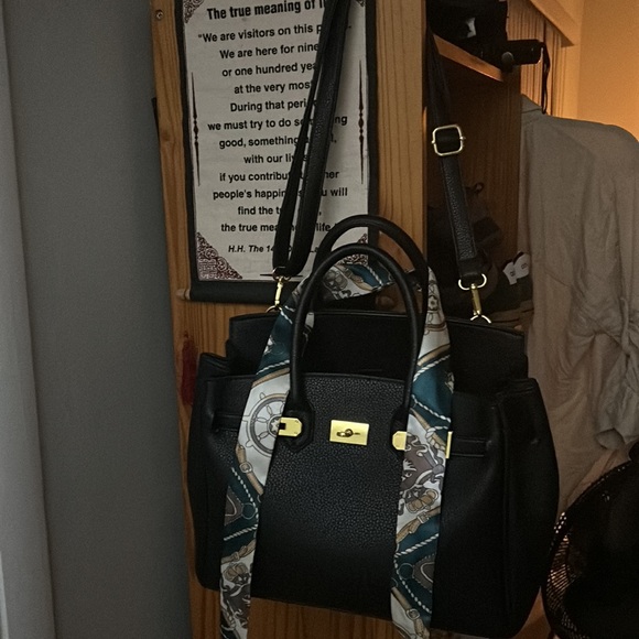 Black Vegan leather purse with cross body strap and decorative scarf, used twice - Picture 2 of 2